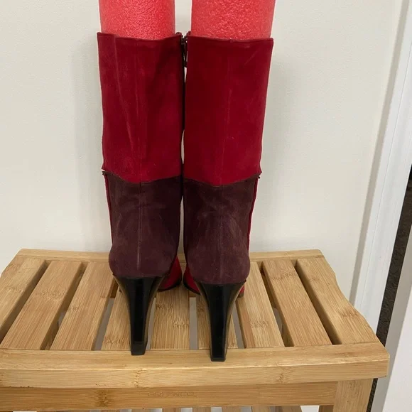 Stuart Weitzman Two-Tone Red and Brown Suede Mid-Calf Block Heel Zip Boots Rare